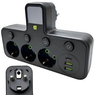 Мережевий фільтр з USB і Type-C портами подовжувач електричний 3 розетки переноска розетка з нічником Чорний Cargar чорний фото